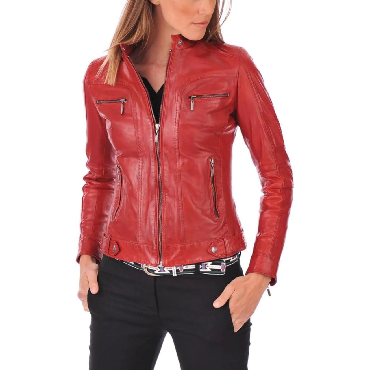 Women's Red Geniune Lambskin Cafe Racer Leather Jacket