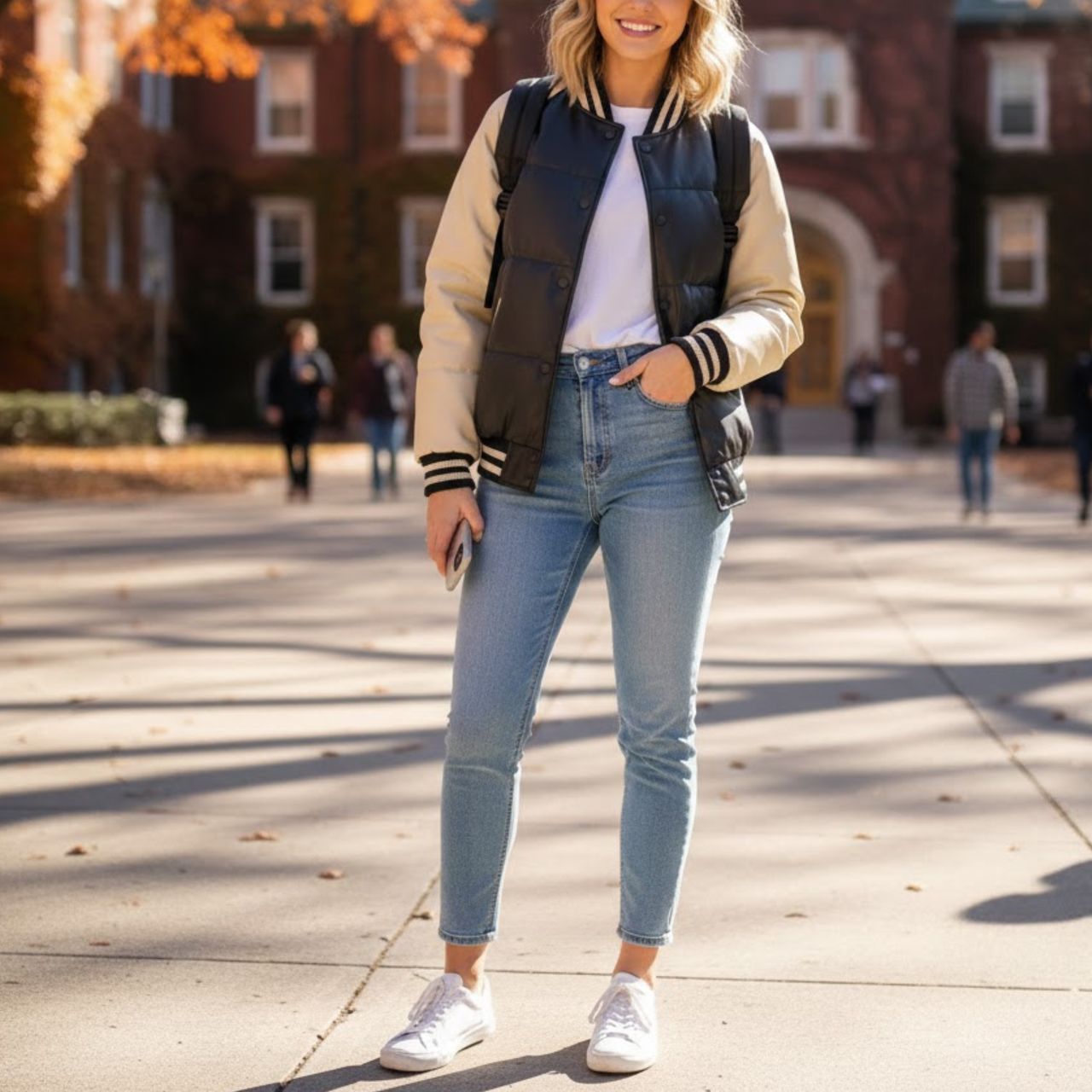 Women’s Black And Cream White Leather Varsity Letterman Bomber Winter Jacket