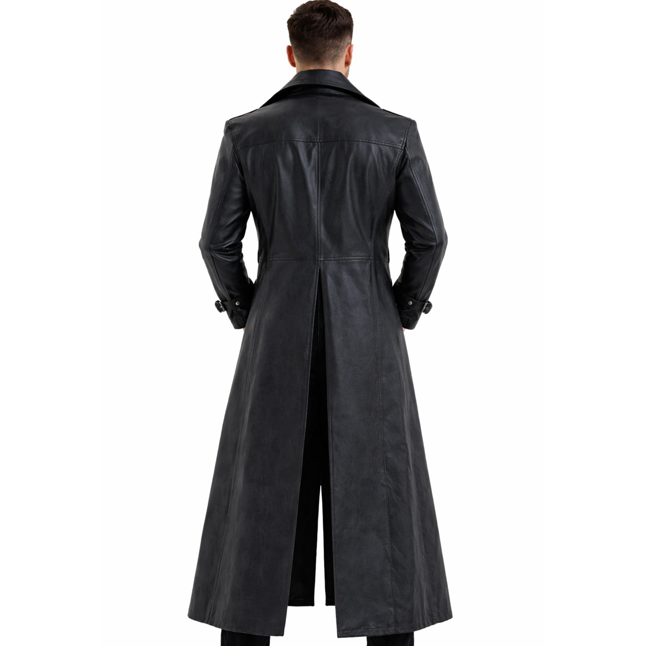 Mens Black Leather Cosplay Style Long Trench Coat