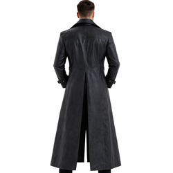 Mens Black Leather Cosplay Style Long Trench Coat