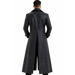 Mens Black Leather Cosplay Style Long Trench Coat