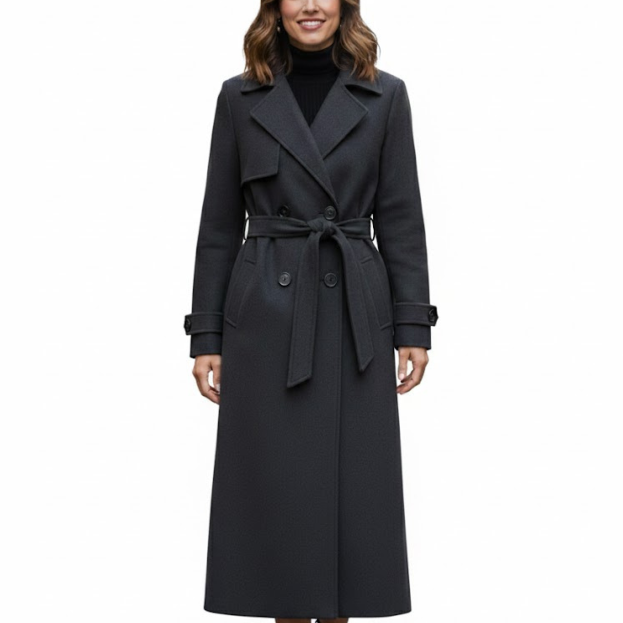 Women’s Charcoal Grey Premium Wool Double-Breasted Long Trench Coat
