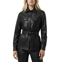 Women's Black Real Leaher Shirt Style Coat Jacket