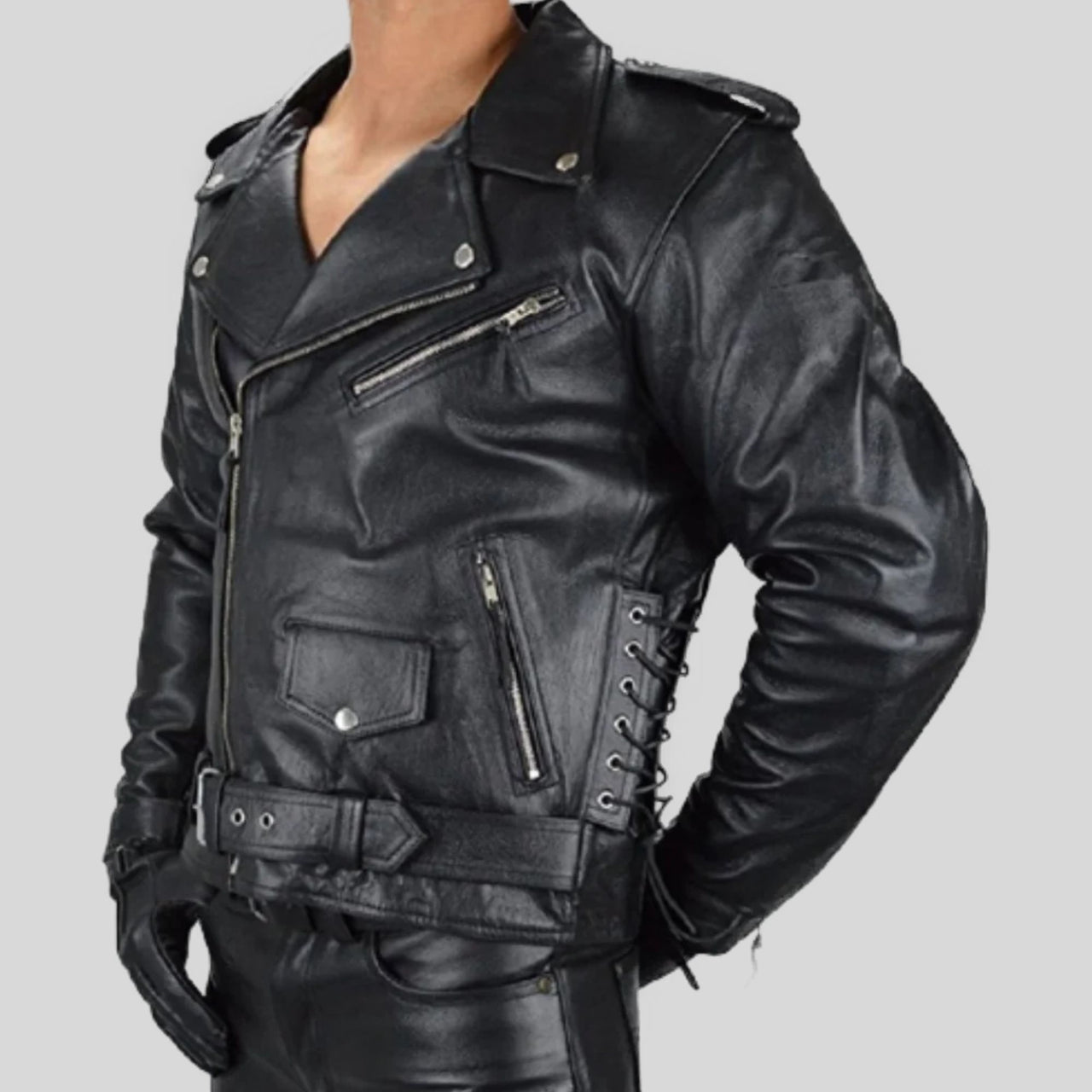 Biker Motorcycle Side lace-up Leather Jacket Men's