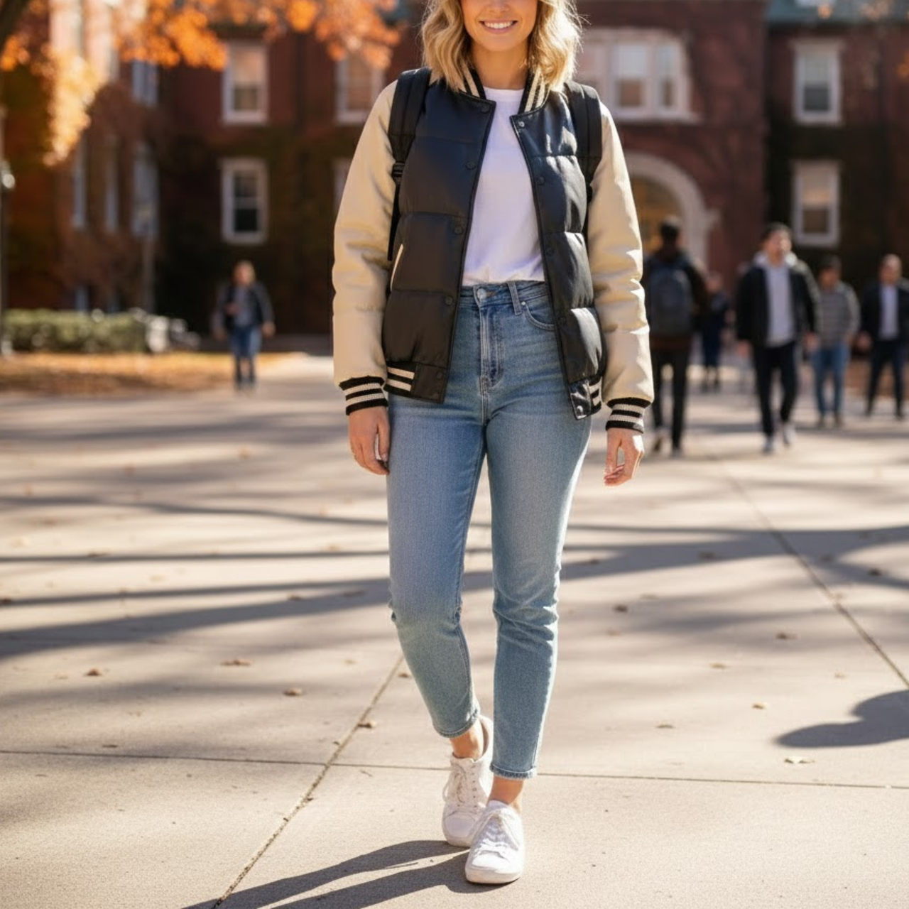Women’s Black And Cream White Leather Varsity Letterman Bomber Winter Jacket