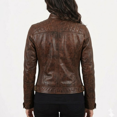 Women Cognac Antique Brown Quilted Cafe Racer Leather Jacket