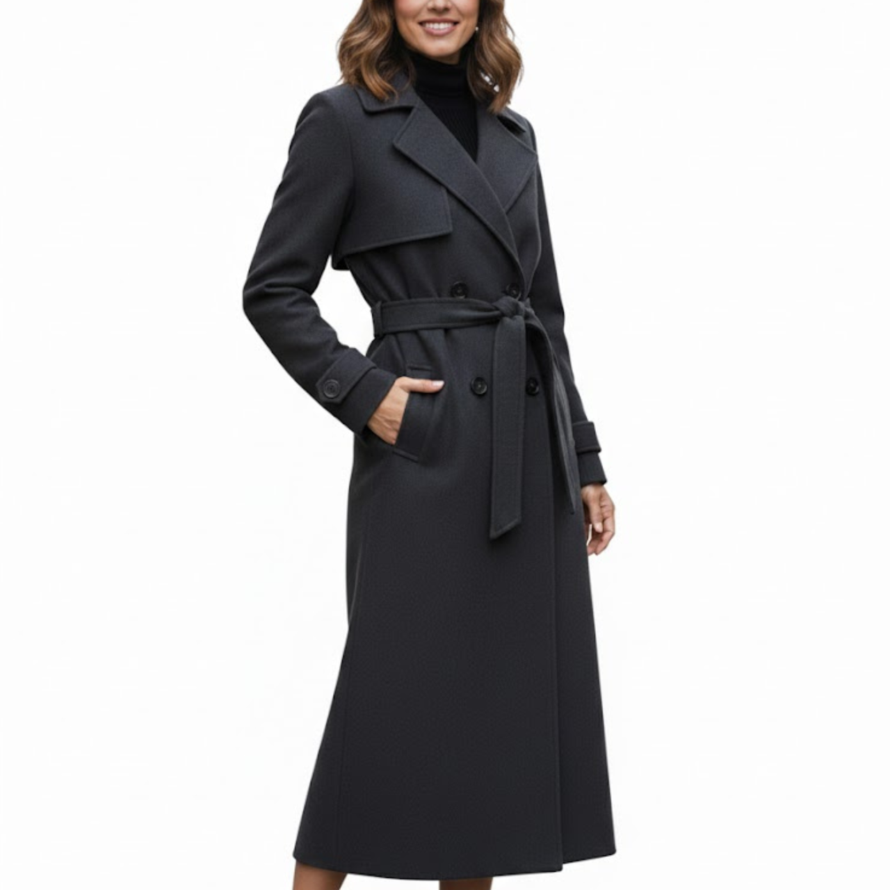 Women’s Charcoal Grey Premium Wool Double-Breasted Long Trench Coat