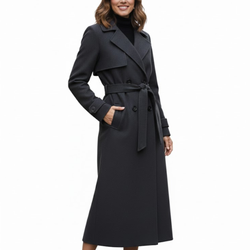 Women’s Charcoal Grey Premium Wool Double-Breasted Long Trench Coat