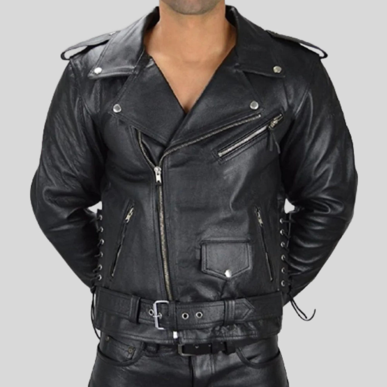 Biker Motorcycle Side lace-up Leather Jacket Men's