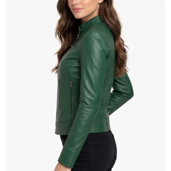 Women's Green Leather Motot Jacket - Cafe Racer Style Jacket
