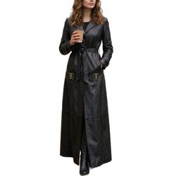Womens Black Sheepskin Leather Lapel Style Long Coat