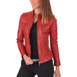 Women's Red Geniune Lambskin Cafe Racer Leather Jacket