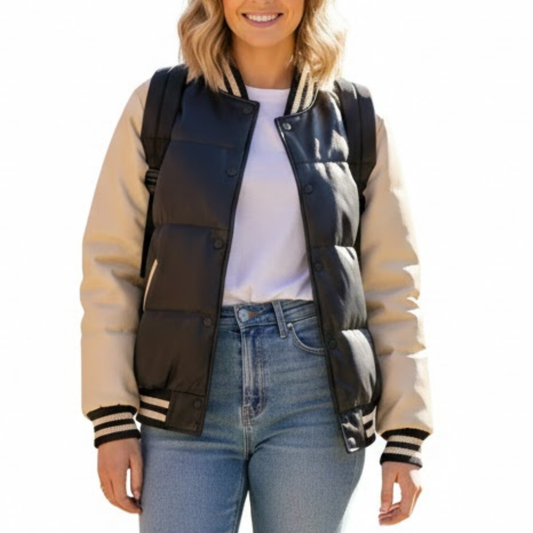Women’s Black And Cream White Leather Varsity Letterman Bomber Winter Jacket