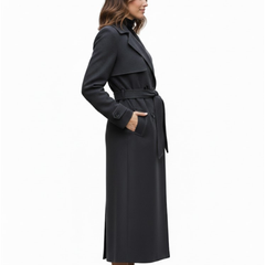 Women’s Charcoal Grey Premium Wool Double-Breasted Long Trench Coat
