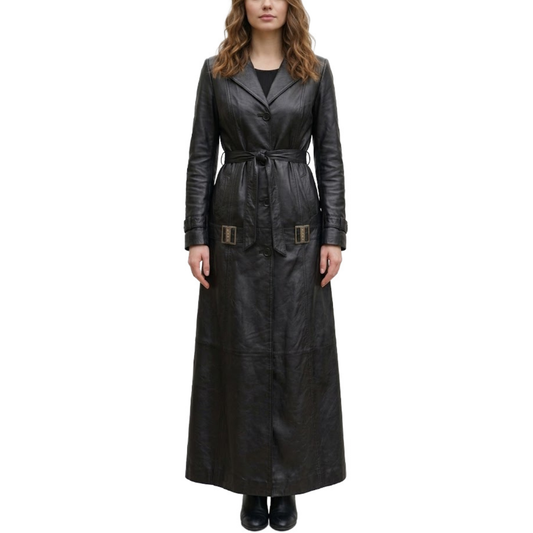 Womens Black Sheepskin Leather Lapel Style Long Coat