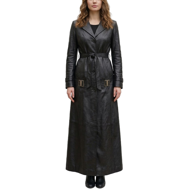 Womens Black Sheepskin Leather Lapel Style Long Coat