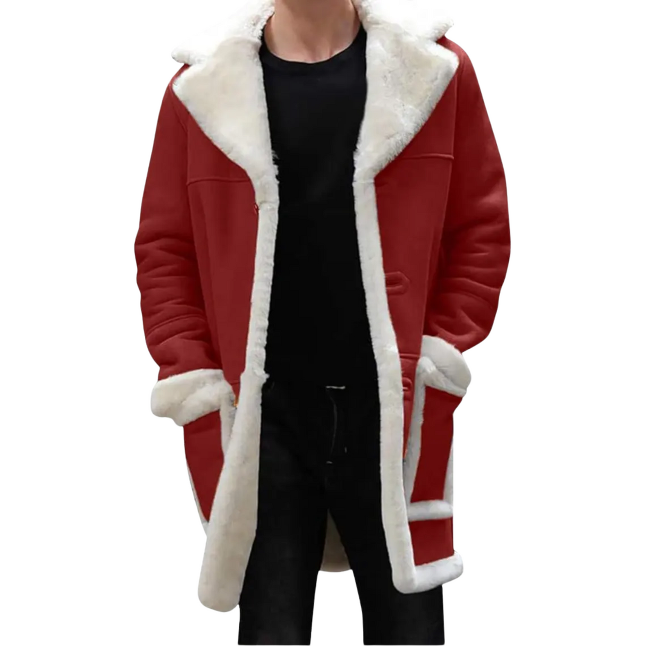Men's Santa Claus Christmas Sherpa Fur Long Red Wool Trench Coat
