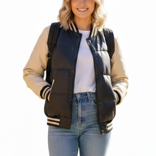 Women’s Black And Cream White Leather Varsity Letterman Bomber Winter Jacket