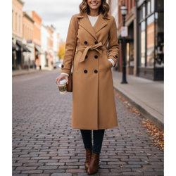 Women’s Camel Premium Wool Double-Breasted Long Trench Coat