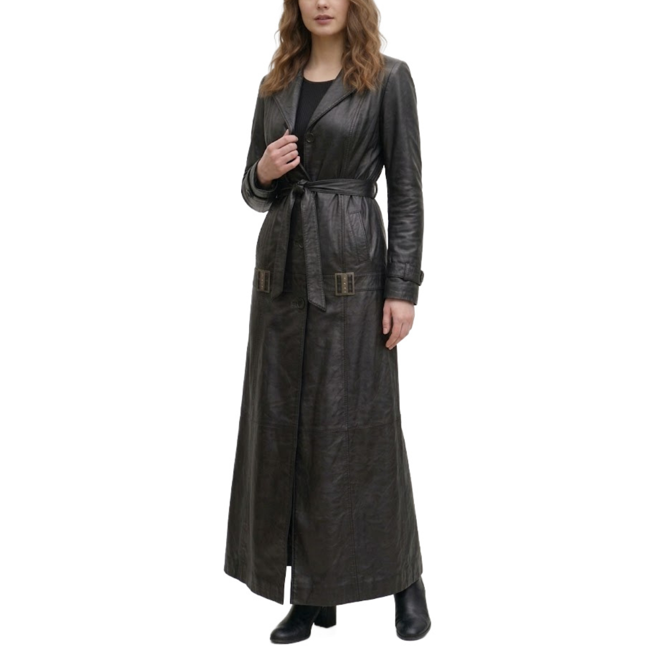 Womens Black Sheepskin Leather Lapel Style Long Coat