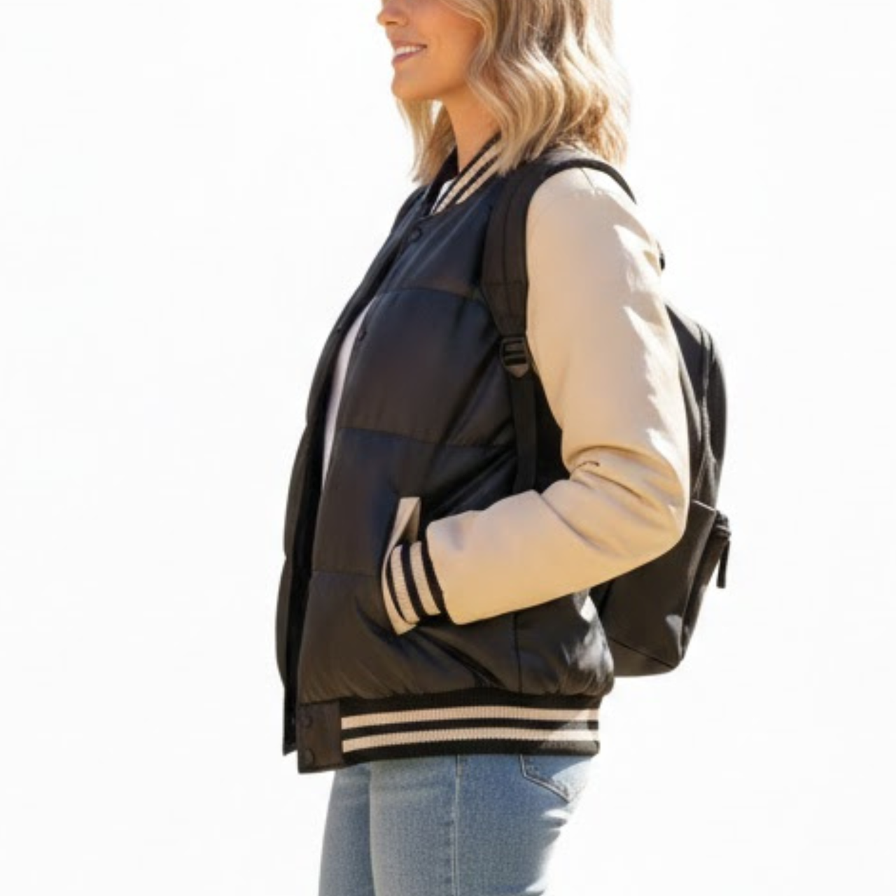 Women’s Black And Cream White Leather Varsity Letterman Bomber Winter Jacket