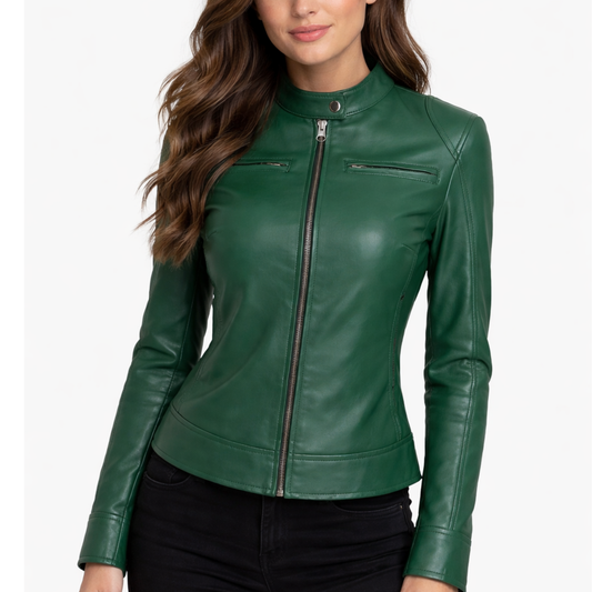 Women's Green Leather Motot Jacket - Cafe Racer Style Jacket