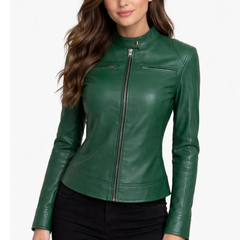 Women's Green Leather Motot Jacket - Cafe Racer Style Jacket