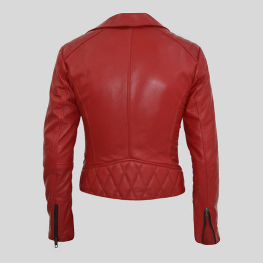 Women's Biker Padded Design Red Slim Fit Leather Jacket