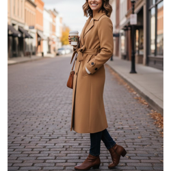 Women’s Camel Premium Wool Double-Breasted Long Trench Coat