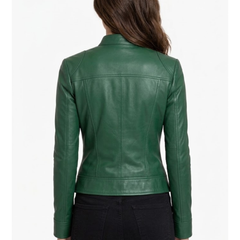 Women's Green Leather Motot Jacket - Cafe Racer Style Jacket
