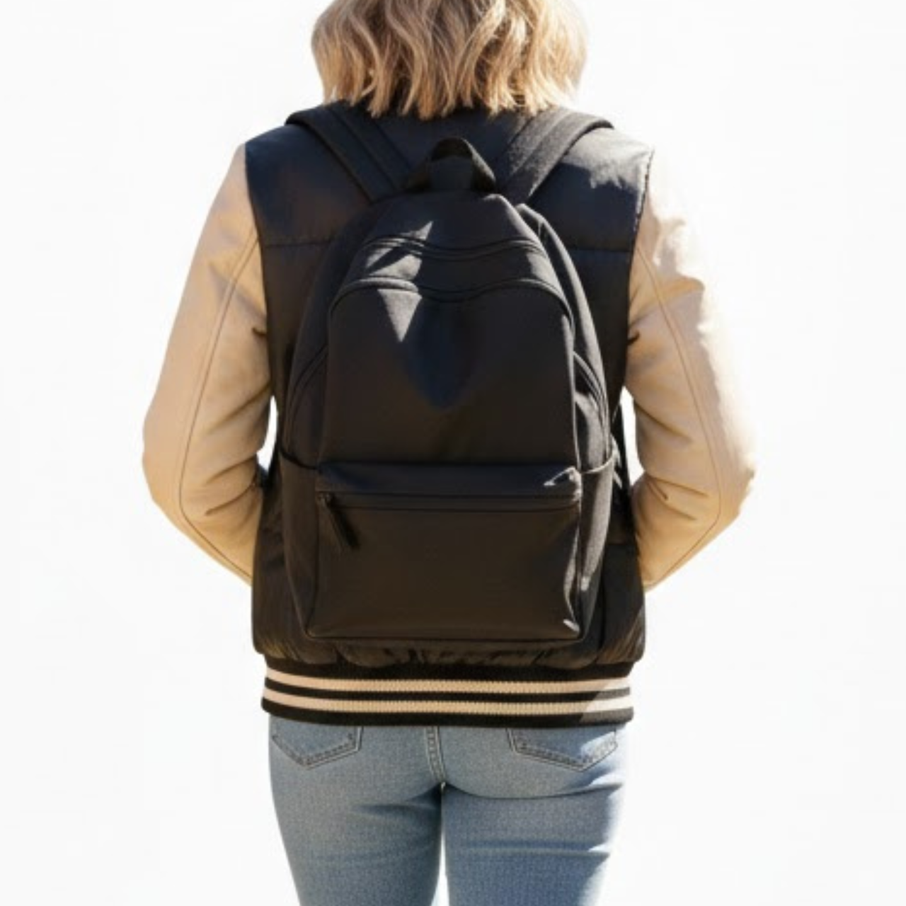 Women’s Black And Cream White Leather Varsity Letterman Bomber Winter Jacket