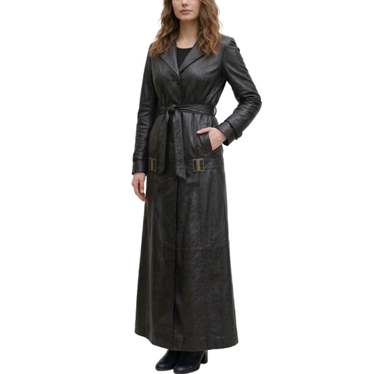 Womens Black Sheepskin Leather Lapel Style Long Coat