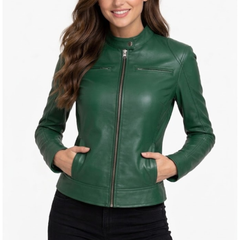 Women's Green Leather Motot Jacket - Cafe Racer Style Jacket