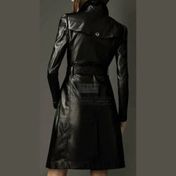 Women Double-Breasted Black Three Quarter Long Genuine Leather Belted Coat