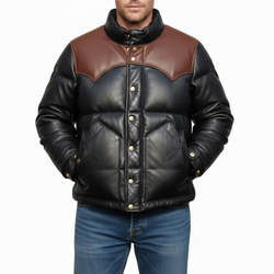 Men's Black And Brown Leather Puffer Bomber Winter Jacket