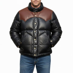 Men's Black And Brown Leather Puffer Bomber Winter Jacket