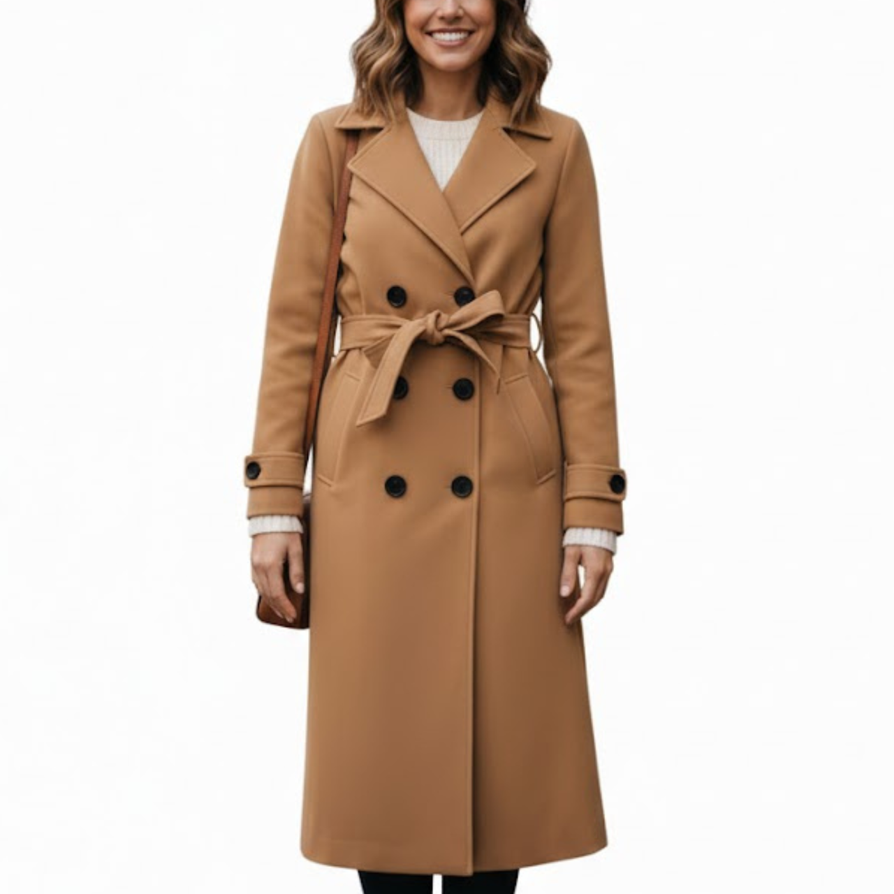 Women’s Camel Premium Wool Double-Breasted Long Trench Coat