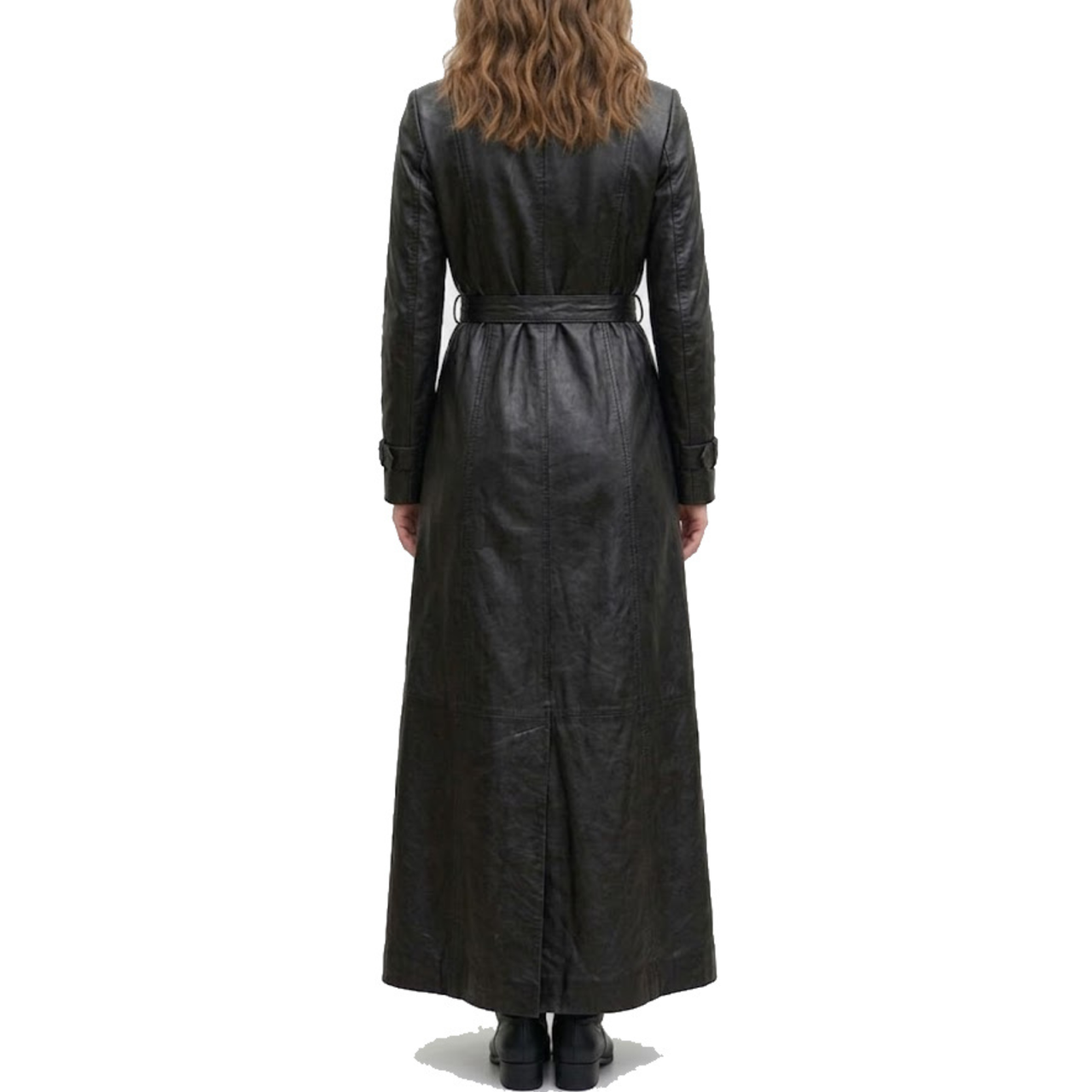 Womens Black Sheepskin Leather Lapel Style Long Coat