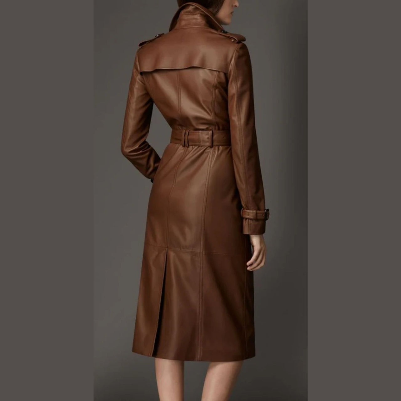 Women Brown Genuine Real Leather Designer Trench Belted Coat