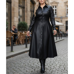 Women's Black Sheepskin Leather Stylish Dress Outfit Long Coat