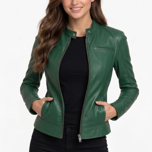 Women's Green Leather Motot Jacket - Cafe Racer Style Jacket