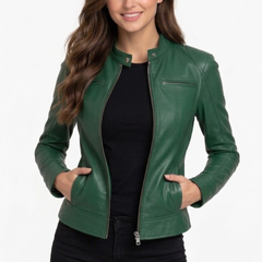 Women's Green Leather Motot Jacket - Cafe Racer Style Jacket