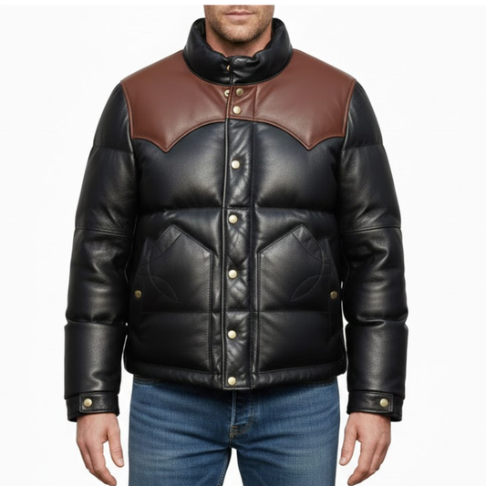 Men's Black And Brown Leather Puffer Bomber Winter Jacket