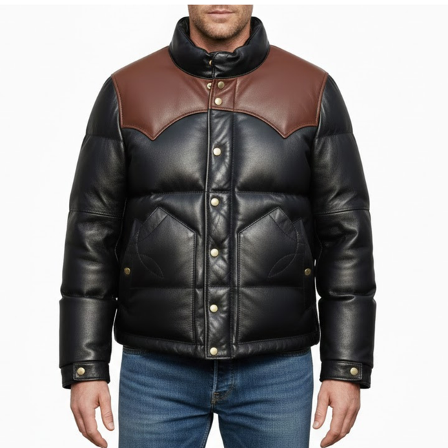 Men's Black And Brown Leather Puffer Bomber Winter Jacket