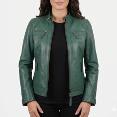Women Cognac Antique Brown Quilted Cafe Racer Leather Jacket