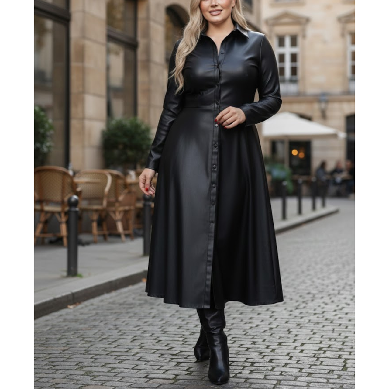 Women's Black Sheepskin Leather Stylish Dress Outfit Long Coat