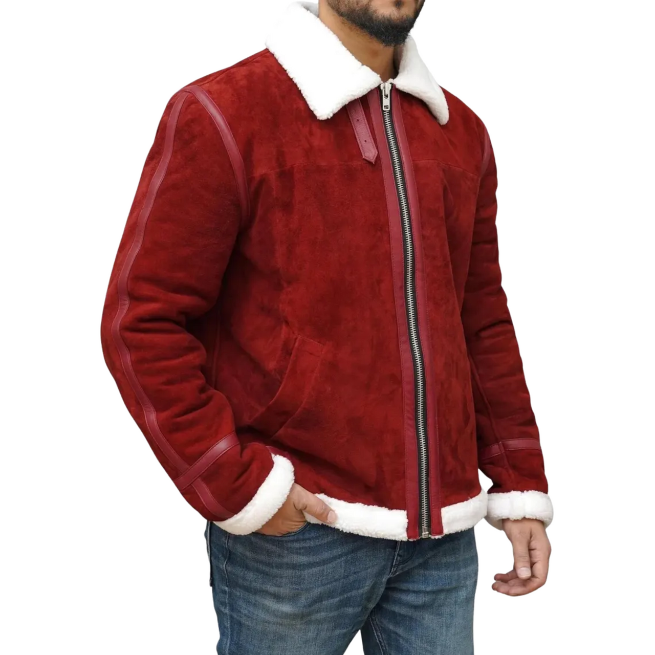 Ryan Reynolds Spirited Christmas Movie Sherpa Fur Red Suede Leather Jacket