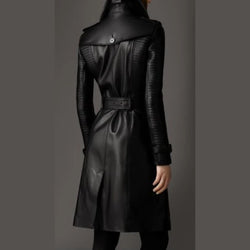 Women's Double-Breasted Black Designer Real Lambskin Leather Belted Trench Coat