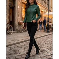 Women's Green Leather Motot Jacket - Cafe Racer Style Jacket
