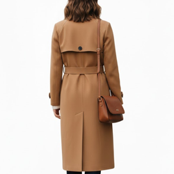 Women’s Camel Premium Wool Double-Breasted Long Trench Coat